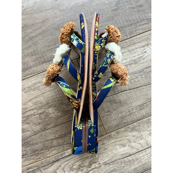 J.Mclaughlin NWOT Mandy Sandal in Midnight Floral Raffia Pom Flats Botanical 7M - Picture 6 of 7